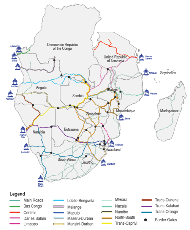 図 1　南部アフリカ地域の港と交通回廊の例