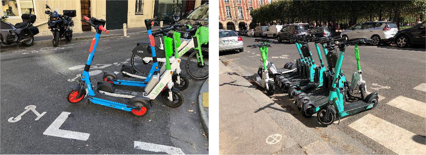 写真２：シェア電動スクーター(LIME、TIER)と街中の駐輪スポット